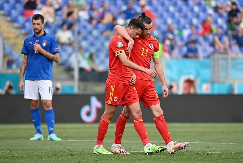 Ethan Ampadu walks away after being red-carded against Italy